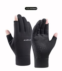 Winter Fishing Gloves Women Men Universal Keep Warm Fishing Protection Anti-slip Gloves 2 Cut Fingers Outdoor Angling (Color: Black, size: M)